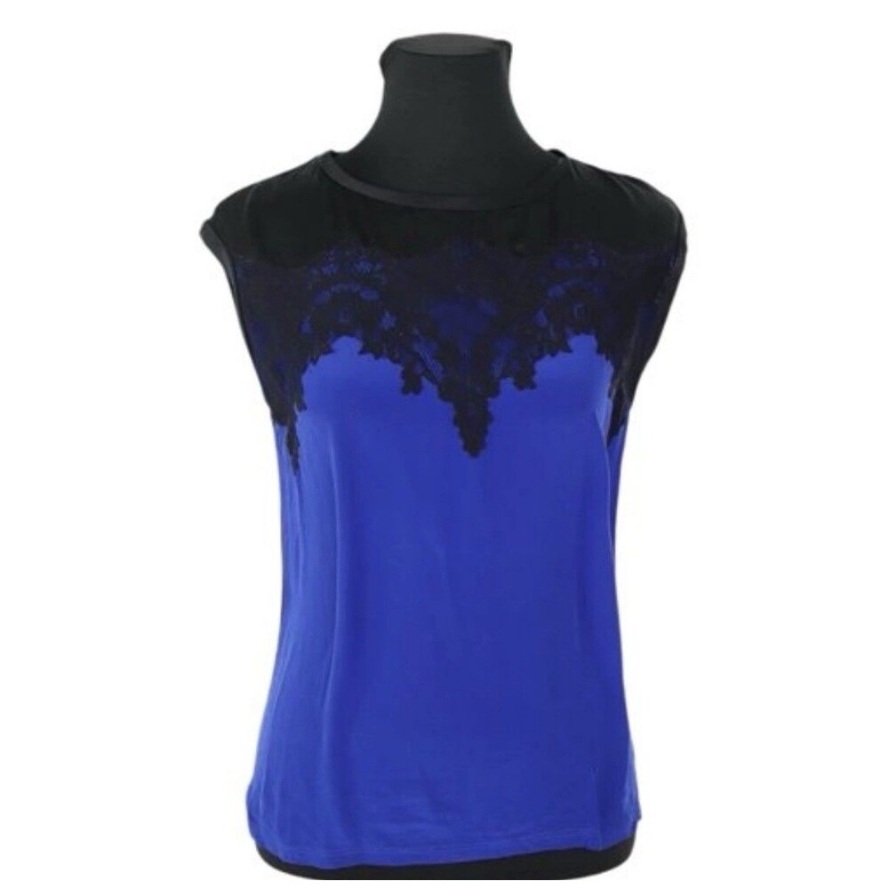 Maje Satori Silk Viscose Blend Black Blue Sleeveless Lace Top Size 3/L/8-10